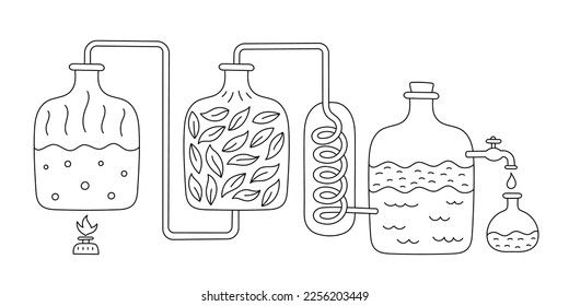 Essential oil making. Distillations aromatic oils. Perfumery distiller equipment. Editable outline stroke. Vector infographic.