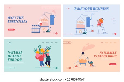 Essential Oil Making Landing Page Template Set. Perfumer Characters Put Ingredient to Distiller Equipment for Distillations Aromatic Production, Perfumery Substance. Cartoon People Vector Illustration