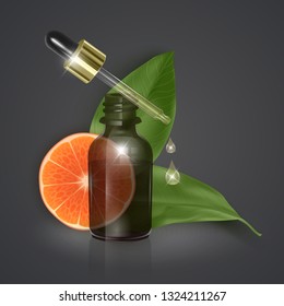 Essential oil with oranges, Vitamin C, realistic 3d illustration. Hydration serum with oranges extract. Perfect for advertising, flyer, banner, poster.