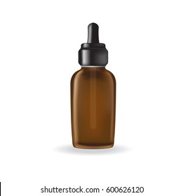 Essential oil package isolated on white background. Brown glasse small bottle with pipette inside