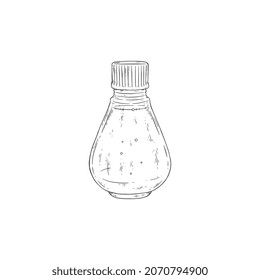 Essential oil or perfume aromatic liquid bottle with lid, hand drawn black line vector illustration isolated on white background. Aroma oil or fragrance glass bottle.