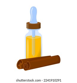 Essential oil with plant fragrances vector illustration. Glass bottle with cinnamon sticks oil. Aromatherapy, perfume concept