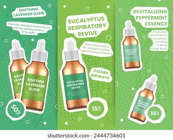 Essential oil sale discount collage poster flyer design template set vector illustration. Beauty aromatherapy natural cosmetic massage product for relax wellness skin care shopping special offer