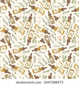 Essential oil seamless pattern. Amber glass dropper bottle of oil with fresh herb branch green leaves and flowers repeat background. Aromatherapy endless cover. Vector simple hand drawn illustration.