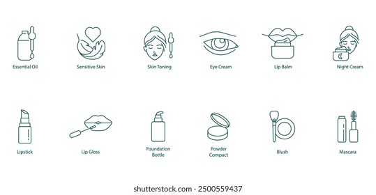 Aceite esencial, Piel sensible, Tonificación de la piel, Crema de ojos, Bálsamo labial, Crema de noche, Lápiz labial, Brillo labial, Botella de base, Polvo Compacto, Blush, Rímel Vector Icon Set