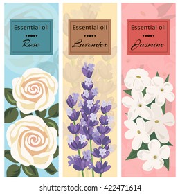 Essential oil set collection. Rose, lavender, jasmine banner set. Vector illustration EPS 10.