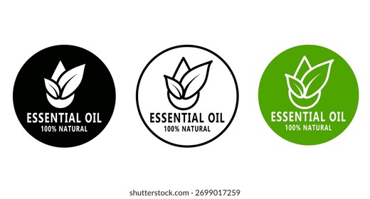 Ícone do conjunto de óleo essencial isolado no fundo branco. Rótulo de certificado de produto natural para beleza e cuidados com a pele.