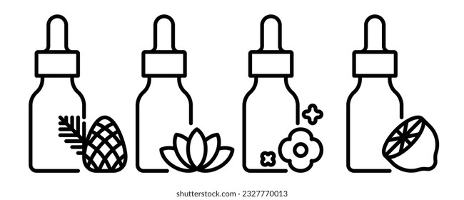Juego de aceite esencial, icono de línea. Botella con aceites perfumados diferentes - bergamot, pino, cítricos, flores, plantas. Icono moderado editable. Aromaterapia y concepto de cosmetología.
