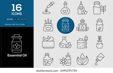 Conjunto de iconos de esquema de aceite esencial relacionados con análisis, infografía, análisis. Trazo editable. Ilustración vectorial. 