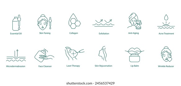 Ätherisches Öl, Hauttönung, Kollagen, Peeling, Anti-Aging, Akne-Behandlung, Mikrodermabrasion, Gesichtsreiniger, Laser-Resurfacing, Hautverjüngung, Lippenbalsam, Faltenreduktion Vektor-Icons Set