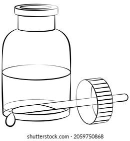 Ilustración lineal monocromática del vector de aceite esencial. Esencia de hierbas para la aromaterapia. Ingrediente orgánico de planta. Líquido en el icono de la botella pequeña.