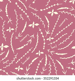 Essential oil vector seamless pattern. Thyme, rosemary, lavender, basil, citronella, pine, peppermint. Illustration.
