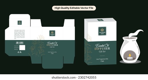 Ätherische Öle aroma Diffusor Box Verpackungsdesign. Hausgemachte Duftöle diffuser Kartondesign. Handgezeichnete Blumen, Parfüm-Verpackung, bearbeitbares Design mit Stanzlinie-Layout und realistische Muster.