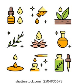 Essential oils aromatherapy color icons set. Collection of essential oils perfume. Vector simple flat signs for web design isolated on white background.