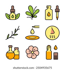 Conjunto de iconos de color de aromaterapia de aceites esenciales. Colección del perfume de los aceites esenciales. Símbolos del logotipo del Vector para el diseño del Sitio web, App móvil, UI.