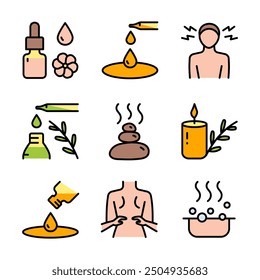 Essential oils aromatherapy icons set. Collection of essential oils perfume. Vector signs for website design, mobile app, ui.