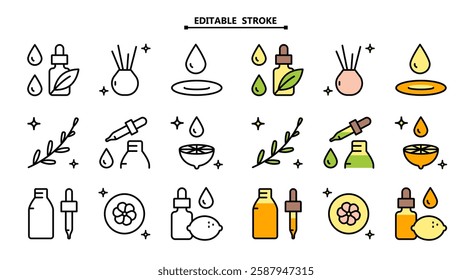 Essential oils aromatherapy icons set. Editable stroke. Collection of essential oils perfume. Vector signs for web design isolated on white background.