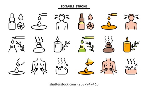 Essential oils aromatherapy icons set. Editable stroke. Collection of essential oils perfume. Vector signs for website design, mobile app, ui.