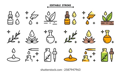 Essential oils aromatherapy icons set. Editable stroke. Collection of essential oils perfume. Vector signs for web design isolated on white background.