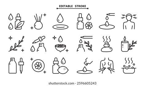 Essential oils aromatherapy icons set. Editable stroke. Collection of essential oils perfume. Vector signs for website design, mobile app, ui.