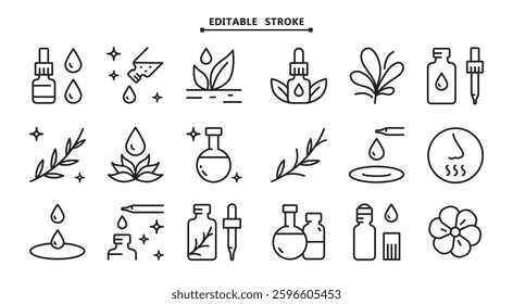 Essential oils aromatherapy icons set. Collection of essential oils perfume. Vector simple signs for web design isolated on white background.