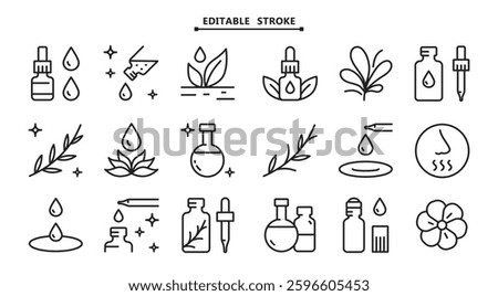 Essential oils aromatherapy icons set. Collection of essential oils perfume. Vector simple signs for web design isolated on white background.
