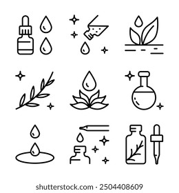 Essential oils aromatherapy line icons set. Outline collection of essential oils perfume. Vector signs for web design isolated on white background.