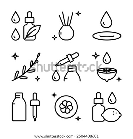 Essential oils aromatherapy line icons set. Outline collection of essential oils perfume. Vector signs for web design isolated on white background. Vector logo symbols for website design, mobile app, 