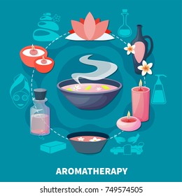 Essential oils aromatherapy for relaxation rejuvenation and stress relief spa wellness resort ad flat poster vector illustration 