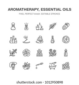 Essential oils aromatherapy vector flat line icons set. Elements - aroma therapy diffuser, oil burner, candles, incense sticks. Linear pictogram editable strokes for spa salon. Pixel perfect 64x64.