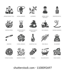 Essential oils aromatherapy vector flat glyph icons set. Elements - aroma therapy diffuser, oil burner, candles, incense sticks. Pictograms for spa salon. Solid silhouette pixel perfect 64x64.