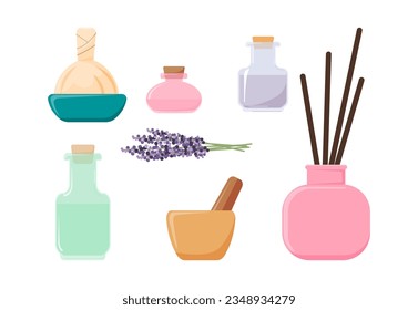 Essential oils for aromatherapy vector illustrations set. Drawings of self-care accessories, bottles of oil, diffuser for house, lavander. Relaxation, well-being, spa, aromatherapy, healthcare concept