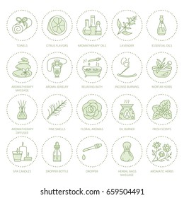 Essential oils aromatherapy vector line icons set. Elements - diffuser, oil burner, candles, incense sticks. Linear pictogram with editable strokes for spa salon.