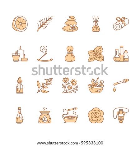 Essential oils aromatherapy vector line icons set. Elements - aroma therapy diffuser, oil burner, candles, incense sticks. Linear pictogram with editable strokes for spa salon.