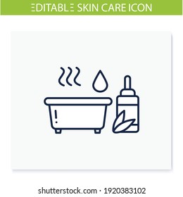 Essential oils bath line icon. Aromatherapy bathtub, spa procedures. Natural skincare concept. Facial beauty treatment. Isolated vector illustration.Editable stroke
