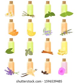 Essential oils in bottle isolated illustrations set, vector clip-art.