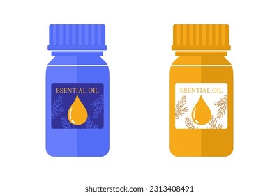 Essential oils bottles isolated on white. Cosmetic bottle or medical vial, flask, flacon. Essential oil botle with label in flat and cartoon vector illustration