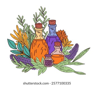 Essential oils bottles surrounded by vibrant herbs and flowers in a colorful natural theme. Decorative design for wellness products