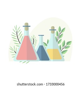 Essential oils concept, great design for any purpose. Skin care concept. Natural product. Healthcare concept. Food concept. Fresh herbs Essential aromatherapy. Beige background. Flat.