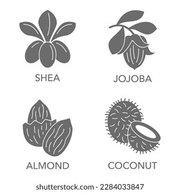Essential oils flat icons set - coconut, shea, jojoba and almond svg