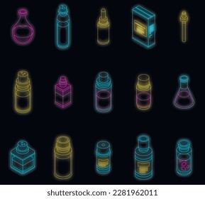 Icons für ätherische Öle gesetzt. Isometrische Reihe ätherischer Öle Vektorsymbole neonfarben auf Schwarz