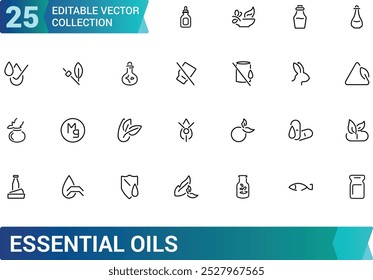 Essential oils icons set. Outline set of oils, olives and more, minimal thin line web icons collection. Editable stroke, Pixel perfect, vector illustration.