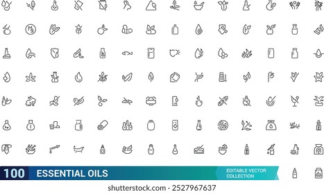 Conjunto de ícones de óleos essenciais. Conjunto de contornos de óleos, azeitonas e muito mais, coleção de ícones da web de linha fina mínima. Traçado editável, Pixel perfeito, ilustração vetorial.