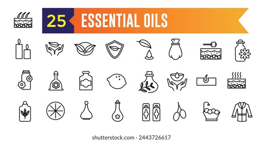 Essential oils icons set. Set of oils vector icons for web design isolated icon collection. Outline icon collection. Editable stroke.