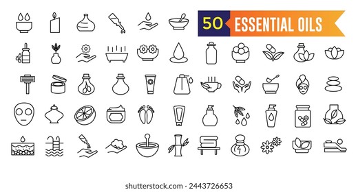 Conjunto de iconos de aceites esenciales. Conjunto de iconos vectoriales de aceites para el diseño web aislado colección de iconos. Colección de iconos de esquema. Trazo editable.