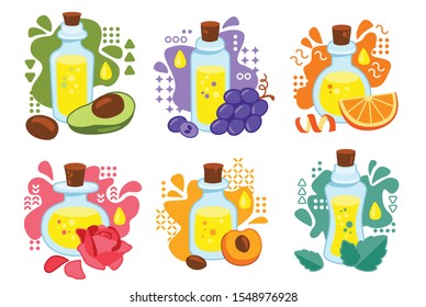 essential oils isolated set in Memphis style, 80s, 90s, modern. Avocado oils, grapes, orange, rose, apricot, mint