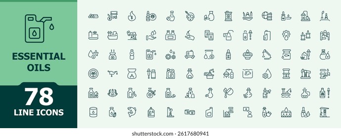 Essential Oils line icon set. Included herb, oil, drop and more. Natural Oils icon set. Minimal icons collection. Editable stroke. Vector illustration.