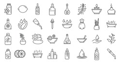 Essential Oils Perfume Icons Set. Outline Set Of Essential Oils Perfume Vector Icons For Web Design Isolated On White Background