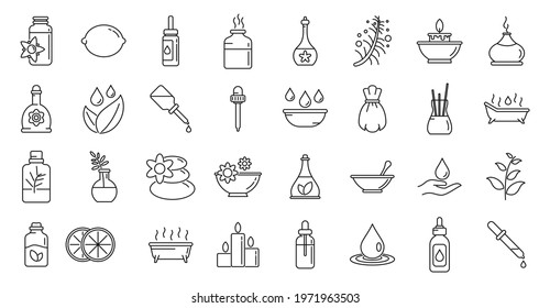Essential oils perfume icons set. Outline set of essential oils perfume vector icons for web design isolated on white background