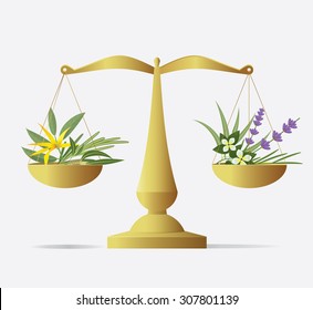 Essential oils production. Volumetric vector illustration. Herbs in  scalepans.